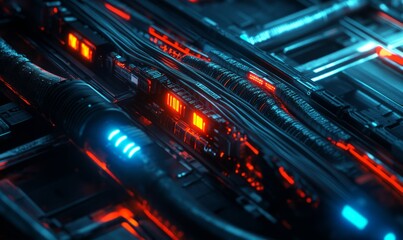 Obraz premium Data center cables, glowing network connections, futuristic tech infrastructure, dark background
