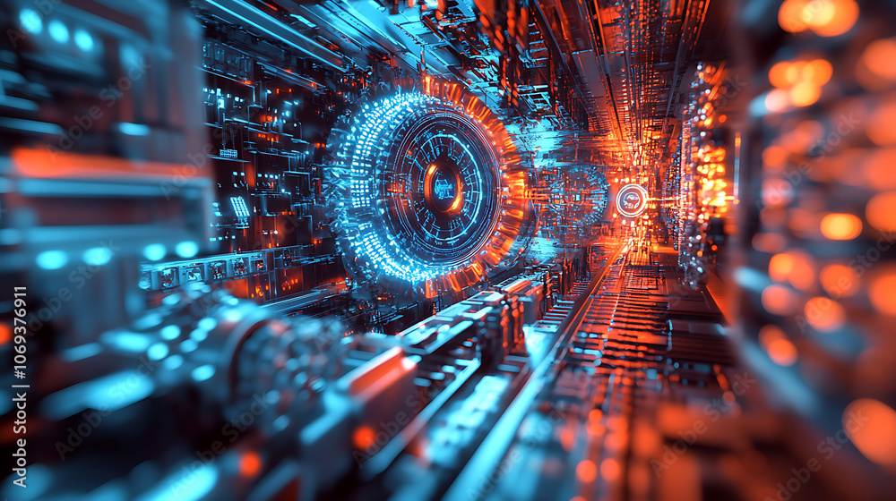 Poster Illustration of a machine learning process featuring artificial intelligence, deep data mining, and machine learning as components of modern computer technology concepts, portrayed in a 3D rendering