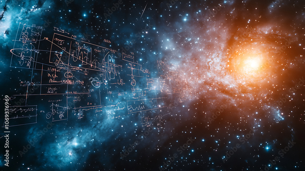 Poster Mathematical and physical formulas against the background of a galaxy in universe, Space Background on the theme of science and education
