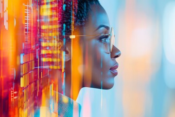 Double exposure of a woman leading a virtual meeting, layered with a transparent image of charts and graphs in the background.