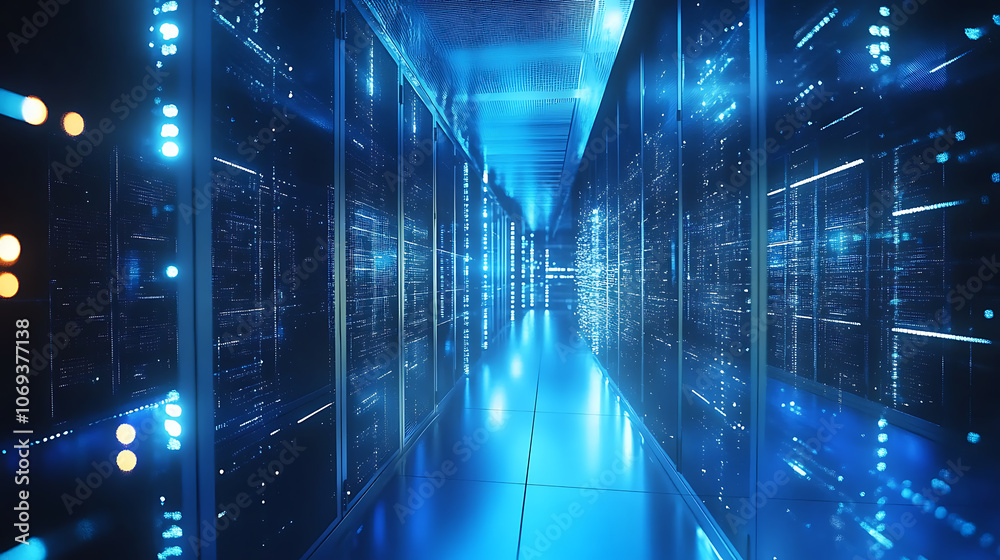 Poster Modern web network and internet telecommunication technology, big data storage and cloud computing computer service business concept server room interior in datacenter in blue light
