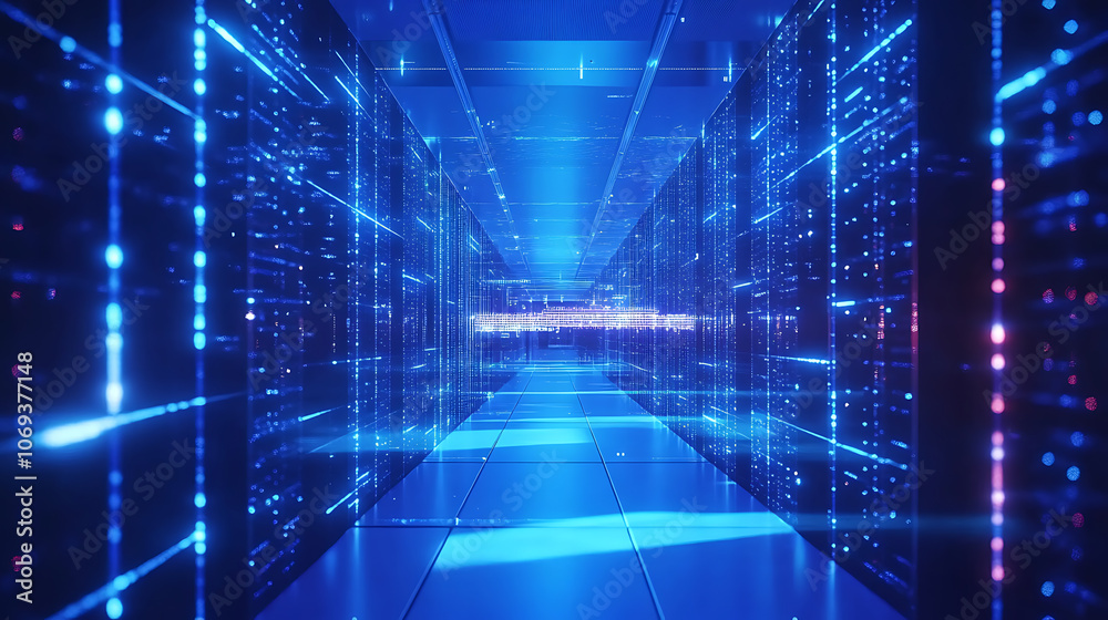 Poster Modern web network and internet telecommunication technology, big data storage and cloud computing computer service business concept server room interior in datacenter in blue light