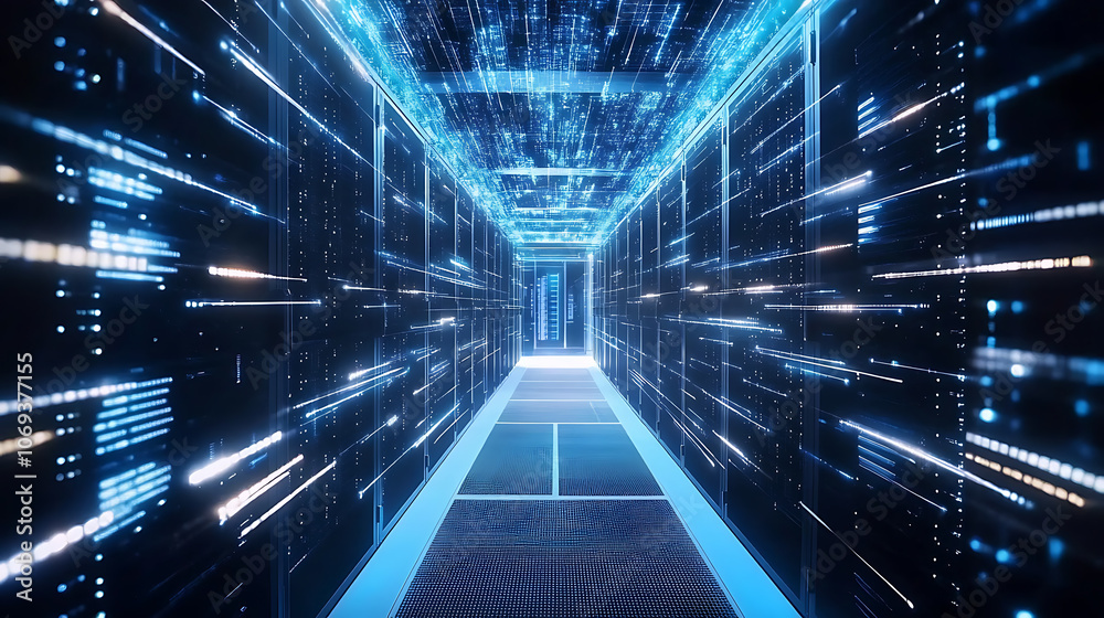 Poster Modern web network and internet telecommunication technology, big data storage and cloud computing computer service business concept server room interior in datacenter in blue light