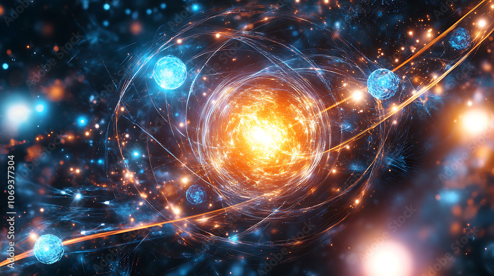 Fototapete quantum entanglement concept with particles and energy flow, entangled particles 3d rendering