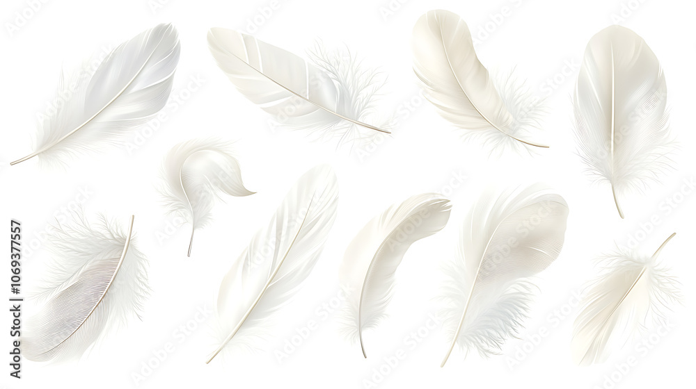 Aufkleber vector white feathers collection, set of different falling fluffy twirled feathers, isolated on whit