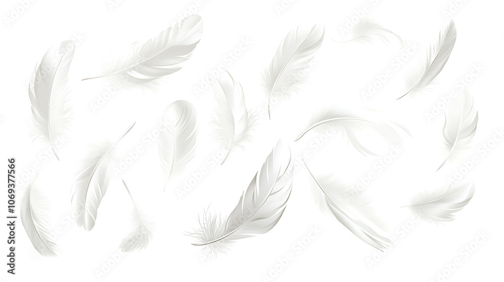 Aufkleber vector white feathers collection, set of different falling fluffy twirled feathers, isolated on whit