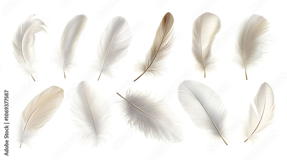 Poster Vector white feathers collection, set of different falling fluffy twirled feathers, isolated on white background, Realistic style, vector 3d illustration