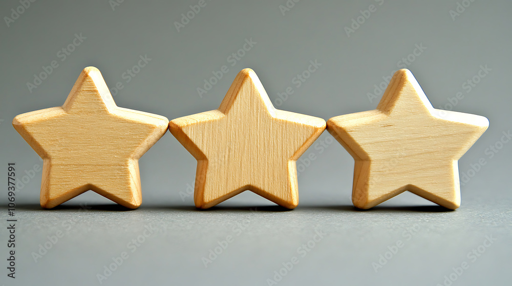 Aufkleber wooden stars arranged in a row, symbolizing a satisfaction rating system used for evaluating custome
