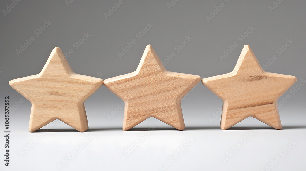 Aufkleber Wooden stars arranged in a row, symbolizing a satisfaction rating system used for evaluating customer feedback, service quality, or product excellence