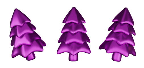 Set 3d violet Christmas tree . Glossy New year and xmas abstract tree shapes.