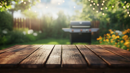 Summer time in backyard garden with grill BBQ, wooden table, blurred background