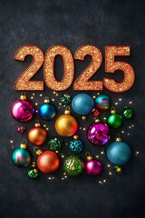 Stylish 3D text "2025" showcased with an array colorful Christmas ornaments.