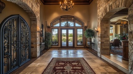 Obraz premium Elegant Foyer with Stone Walls and Iron Doors