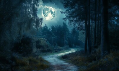 Fototapeta premium A narrow forest path with tall, dark trees on both sides, leading to a distant, bright full moon casting a silvery light on the path