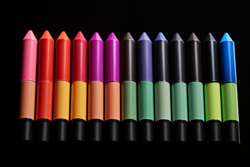 Naklejka premium Colorful assortment of crayon-like markers arranged neatly on a black background, perfect for art projects and creativity.