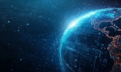 Obraz premium Futuristic blue hologram globe spinning with data streams, glowing tech overlays, digital world concept, global communication