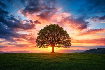 Obraz premium A solitary tree silhouetted against a colorful sunset with vibrant clouds in an open field