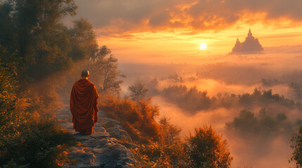 Obraz premium Buddhist monk in orange robes observing a misty sunrise over distant temple and landscape