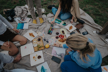 A group of friends enjoying a creative picnic outdoors, painting and sharing snacks and drinks on a blanket. Relaxed atmosphere with a blend of art and social interaction.