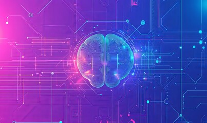 Fototapeta premium A vibrant blue AI brain icon is surrounded by interconnected geometric lines and symbols, set against a gradient background that emphasizes technological advancements in artificial intelligence