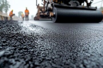 Close up of asphalt being laid on road with workers and roller in action under bright conditions