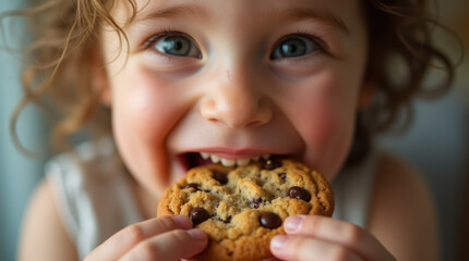 Naklejka premium Child enjoying a chocolate chip cookie with a joyful expression at home