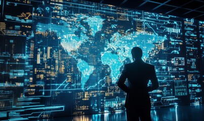 Cyber warfare simulation, digital grids, futuristic command center, glowing data displays