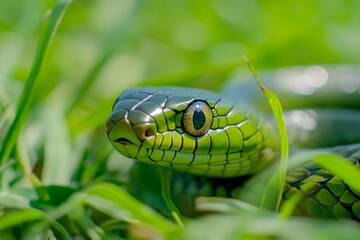 Fototapeta premium Close up of indo chinese rat snake with vibrant green scales in lush grass and keeled pattern