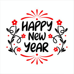 "Happy New Year" lettering with some elements, flowers and fireworks