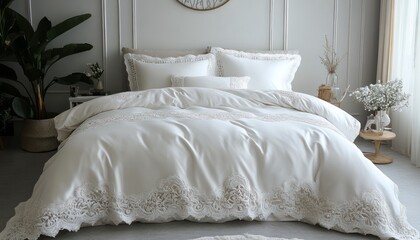 Elegant white bedding set arranged on a cozy bed in a softly lit indoor space