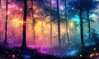 Abstract landscape. Colorful art fantasy landscape with a forest and glowing lights. Background illustration.
