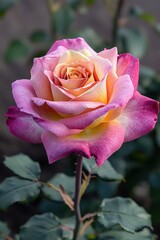 Beautiful pink and yellow rose blooming in a garden setting during daylight hours