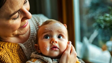 A young Caucasian woman gently touches her baby's face as they look out a window. It's daytime, hinting a calm, affectionate mood in a cozy setting.