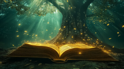 Enchanting scene of a glowing open book beneath an ancient tree, perfect for wall art, posters, or decoration evoking a sense of magic and storytelling in nature.