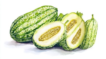 A selection of bitter melons displays their distinctive green skin and creamy interior. The fruit is arranged to highlight its texture and internal structure