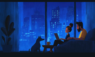 Serene Urban Evening: A Cozy Nighttime Work Setting with City Lights