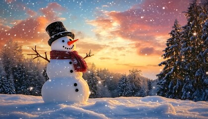 Merry snowman standing in a snowy landscape, perfect for a winter-themed greeting card.