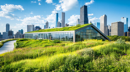 A green roof on a corporate building symbolizing eco-conscious architecture and sustainable urban planning.