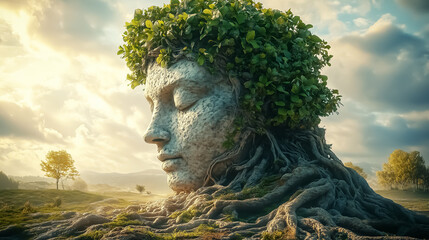 Majestic nature goddess sculpture, symbolizing harmony and sustainability, perfect for wall art, posters, or eco-themed design projects.