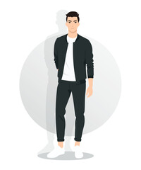 A man in a black jacket and white T-shirt, with a relaxed and confident pose. The image is universal and suitable for a casual style with a fashionable accent.
