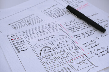 Hand-drawn wireframe sketches illustrate a UI design concept, detailing a dashboard layout for analytics and social media campaigns. The image shows early-stage planning for user interface development