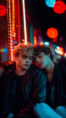 Obraz premium young gay couple LGBT share love together with one resting their head on their boyfriend's shoulder in the street at night with red and green neon lights