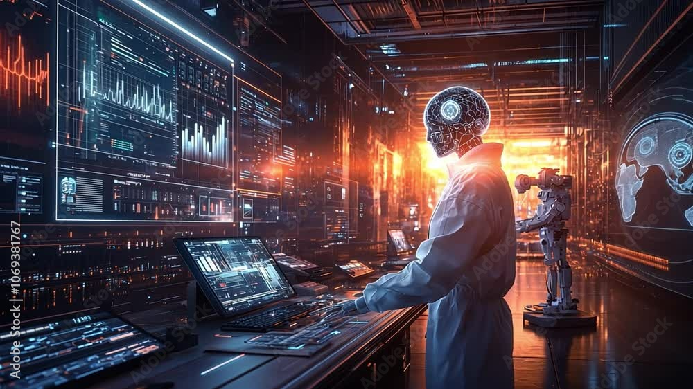 Poster a scientist analyzes data in a futuristic laboratory with advanced technology and robotic elements