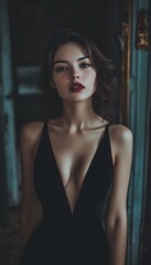 Mysterious woman in a black dress with a  V-neck