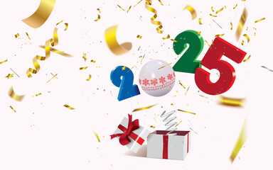 Happy New Year,surprising box with a 2025 numbers and decorations and golden defocused confetti jumping out like a jack in the box