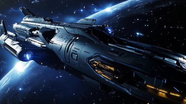 A futuristic spacecraft gracefully soaring in orbit around a distant planet,