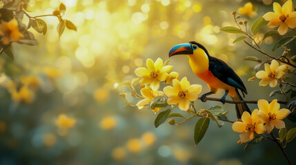 Naklejka premium Colorful toucan perched on branch among vibrant yellow flowers in tropical forest