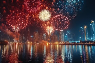 Fototapeta premium Fireworks Over City Skyline at Night.AI Generation
