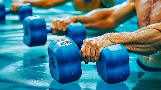 Elderly people exercising in a pool with blue dumbbells, capturing their effort and focus on maintaining health and physical strength. Daytime aquatic fitness session.