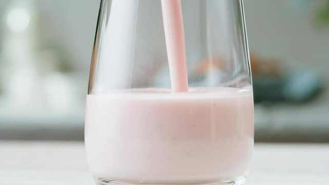 Pouring kefir yogurt into glass cup close-up. Glass with kefir or milk, lactic acid product dairy products concept. Drinking fresh lactose free in morning.